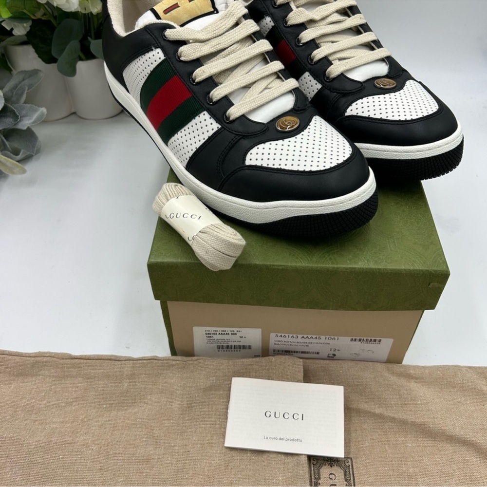 Men’s Gucci, low top screener sneakers, black/white paneled leather design 12.5 - Picture 5 of 12